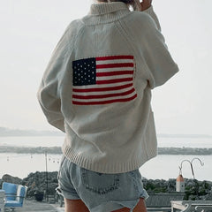 American Flag Cardigan - Loose Fit V-Neck Knit