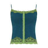 Blue Button Up Lace Trim Spaghetti Strap Crop Top