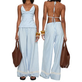 Blue Stripe Print Halter Cowl Neck Top And Pants Set
