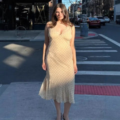 Beige Polka Dot Ruffle Midi Dress