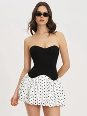 Black Patchwork Polka Dot Frill Mini Dress