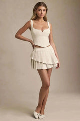 Solid Back Lace Up Crop Top And Pleated Frill Mini Skirt Set