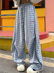 Blue Plaid High Waist Wide Leg Baggy Sweatpants