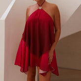 Red Gradient Halter Frill Wide Mini Dress