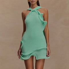 Knitted Halter Ruffle Trim Mini Dress