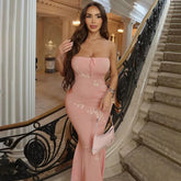 Pink Rose Embroidery Strapless Maxi Dress