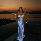 Blue Satin Low Cut Out Maxi Dress - Halter Sheath Fit
