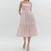 Effortless Printed Tiered Midi Dress - Square Neck with Tie Shoulder