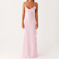 Pink Cowl 3D Flower Maxi Dress