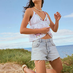 White Embroidery Flower Drawstring Top