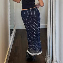 Blue Polka Dot Lace Trim Midi Skirt