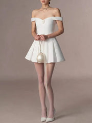 White Off Shoulder Flowers A-line Mini Dress
