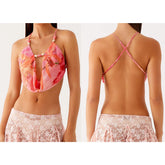 Beading Halter Cowl Neck Cropped Top