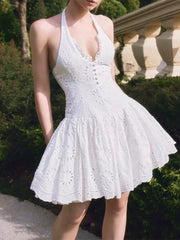 White Halter Eyelet Flare Mini Dress