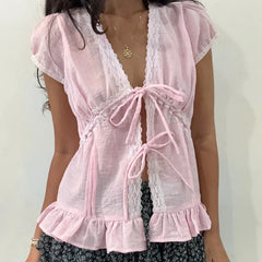 Ruffles Hem Short Sleeve Bow Tie Crop Top