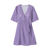 Purple Daisy Flower Print Short Sleeve Wrap Mini Dress