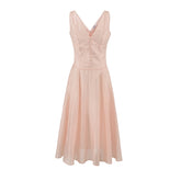 Pink Sleeveless V Neck A-line Midi Dress
