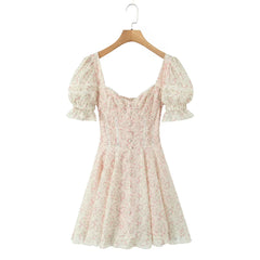 Beige Puff Sleeve Printed Mini Dress