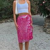 Radiant Sequin Side Split Midi Skirt - Shimmering High-Slit Design