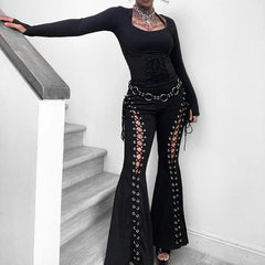 Black Lace Up Flared Pants