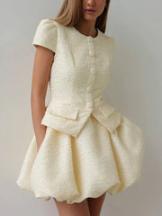 Beige Tweed Short Sleeve Top And Puff Mini Skirt Set