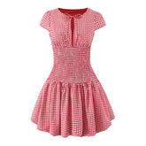 Red Plaid Puff Ruched Mini Dress