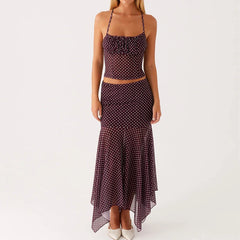 Purple Polka Dot Mesh Cami Crop Top And Irregular Hem Pencil Mid Skirts Set