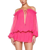 Pink Off-Shoulder Long Sleeve Lace-up Mini Dress