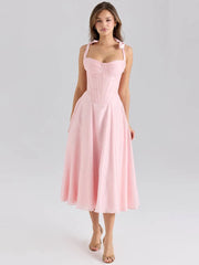 Pink Tie Strap Back Lace Up Midi Dress