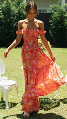 Flowers Print Off Shoulder Long Dress