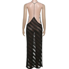Striped Sheer Maxi Dress �Black Open Back Style