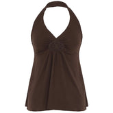 Brown Embroidered V Neck Halter Top
