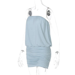 Blue Strapless Puff Drawstring Mini Dress