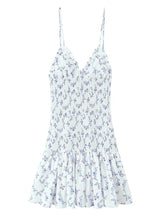 Printing Pleated V Neck Elastic Mini Dress