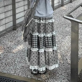 Black Plaid and Polka Dot Lace Patchwork Ruffles A-line Maxi Skirt - Casual Regular Fit