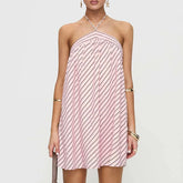 Pink Stripes Print Halter Short Dress
