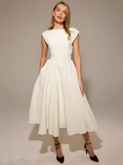 Solid Short Sleeve Flare High Neck Midi Dress