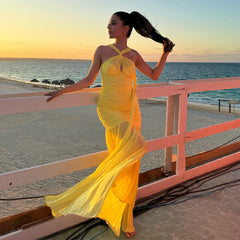 Yellow Halter Tie Up Ruched Mesh Maxi Dress