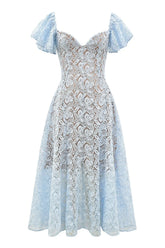 Blue Lace Flare Sleeve Midi Dress