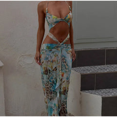 Blue Printed Cut Out Tie Up Maxi Dress �V-Neck Style