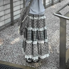 Black Plaid and Polka Dot Lace Patchwork Ruffles A-line Maxi Skirt - Casual Regular Fit