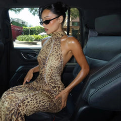 Halter Leopard Open Back Maxi Dress