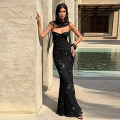 Open Back Lace Up Embroidred Flower Maxi Dress