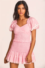 Pink Short Sleeve Elastic Mini Dress