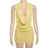 Mesh Cowl Deep Neck Halter Top and Mini Skirt Set