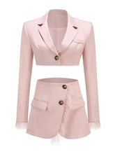 Pink Cropped Feather Blazer And Mini Skirt Two Piece Set