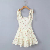 Beige Strawberry Print Tie Strap Mini Dress