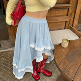 Asymmetrical Blue Lace Patchwork Midi Skirt