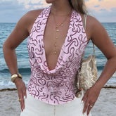 Pink Sequin Low Cut Cowl Neck Top