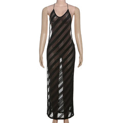 Striped Sheer Maxi Dress �Black Open Back Style
